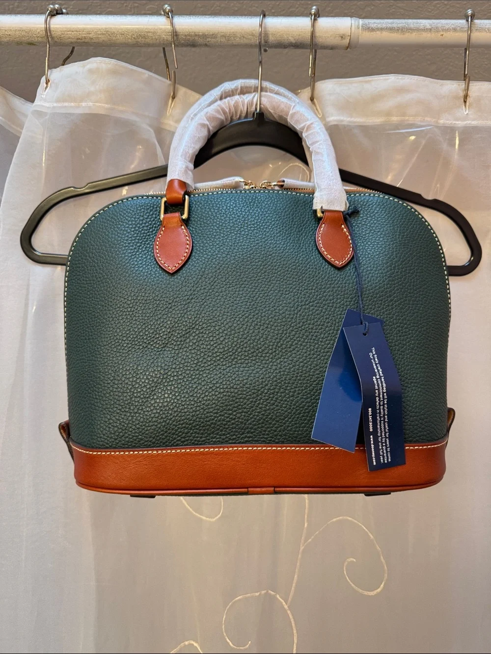 Dooney & Bourke Green Pebble Leather Satchel with Brown Trim (R343, Forest, NWT)